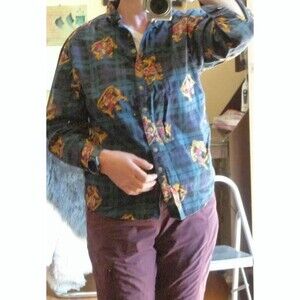 Vintage tartan plaid cotton shirt with gold crest print equestrian Bushwacker M